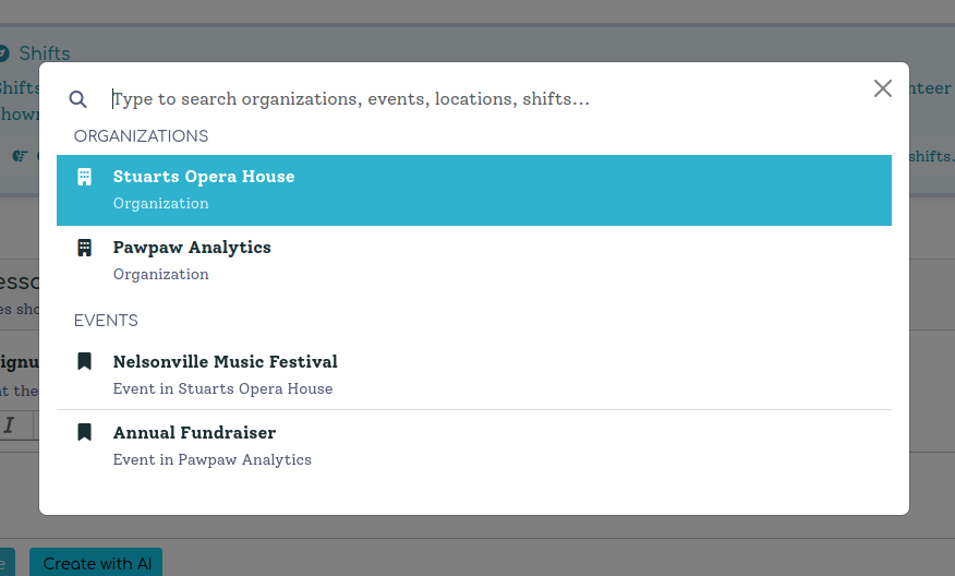 The command palette open with a list of organizations and events