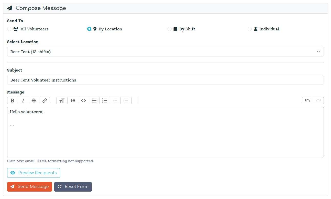 Select "By Location" to target a specific area of your event — only those volunteers receive the email