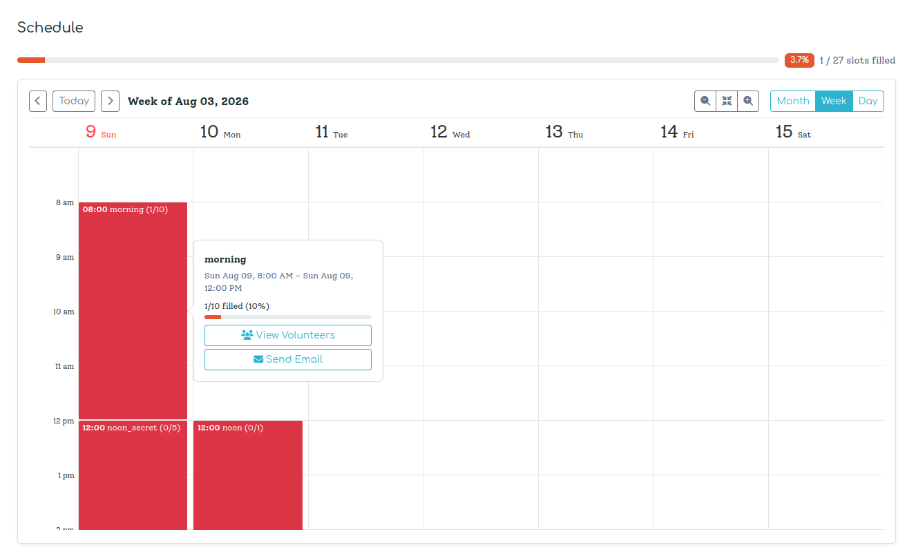 Schedule Calendar view showing per-shift fill percentages