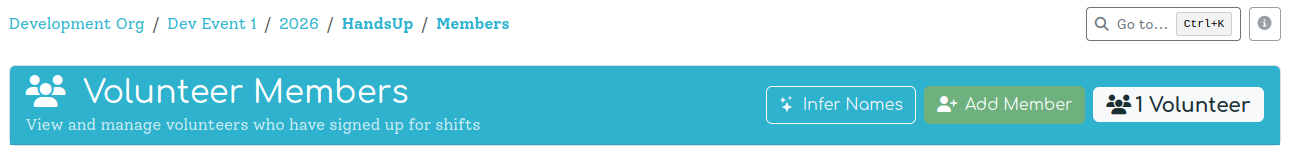 The Volunteers page header showing the Infer Names button alongside Add Member