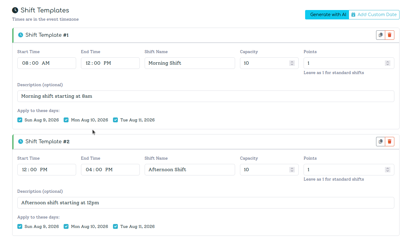 The Bulk Shifts page showing template cards with day checkboxes