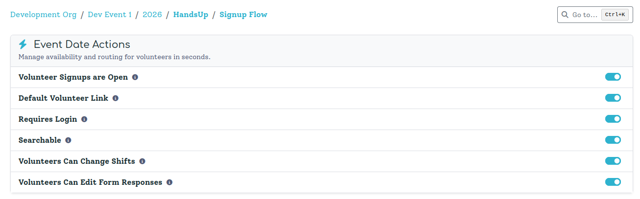 The Signup Flow page showing the Event Date Actions card with all toggles