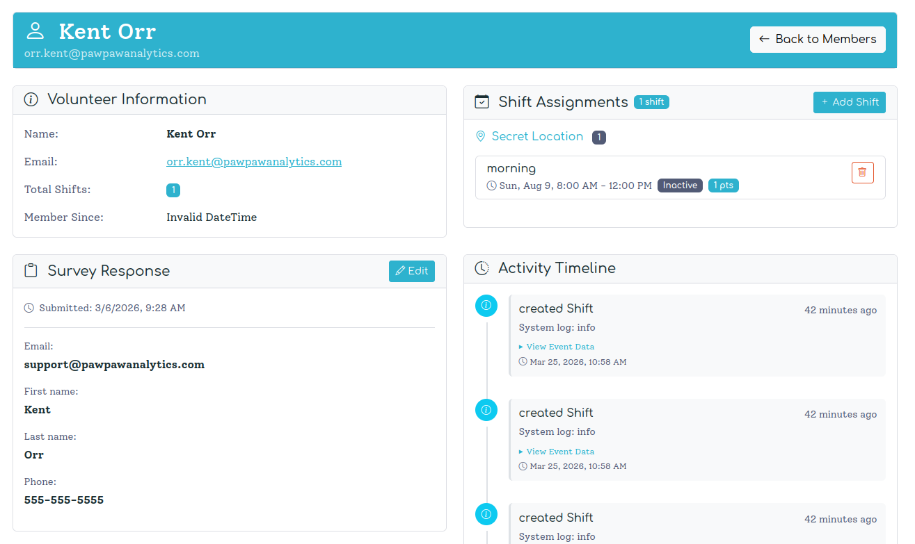 A volunteer's detail page showing their profile, shifts, survey responses, and activity timeline