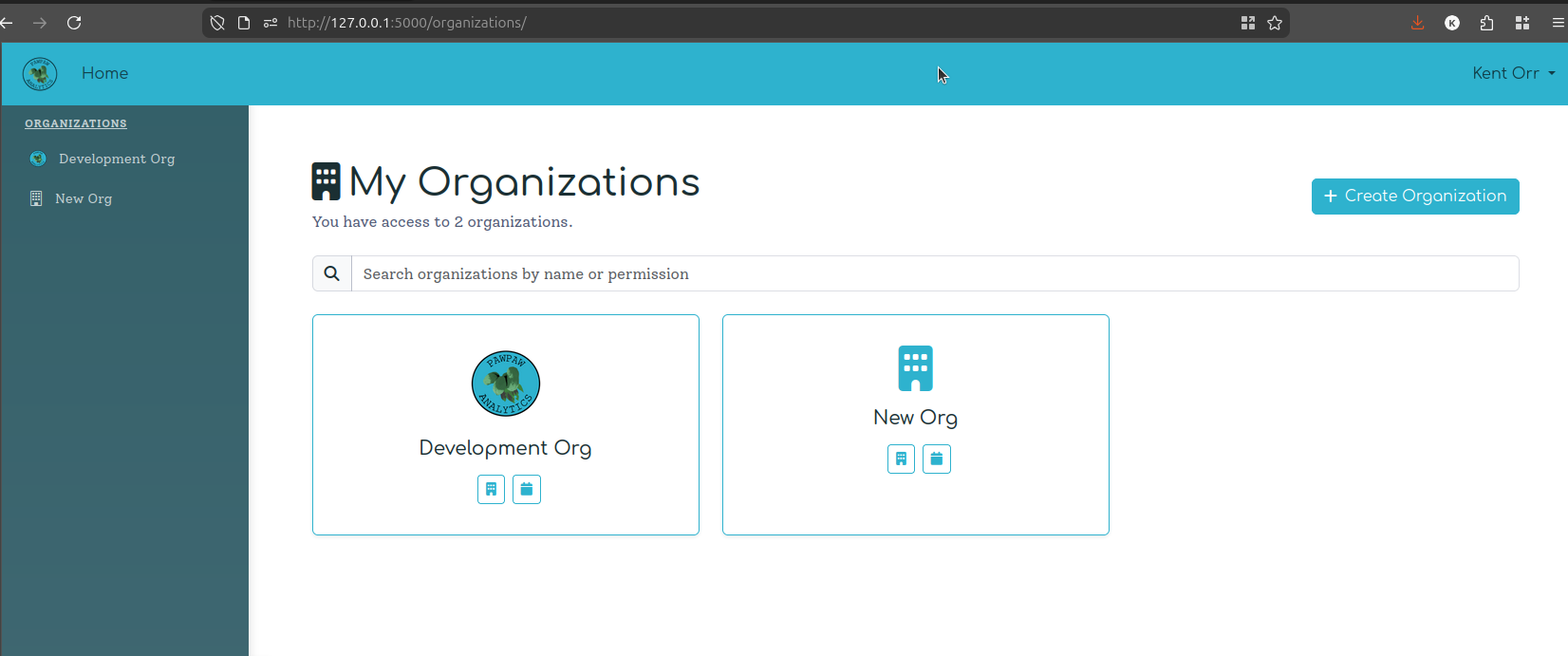 The My Organizations page showing two organization tiles and a search bar