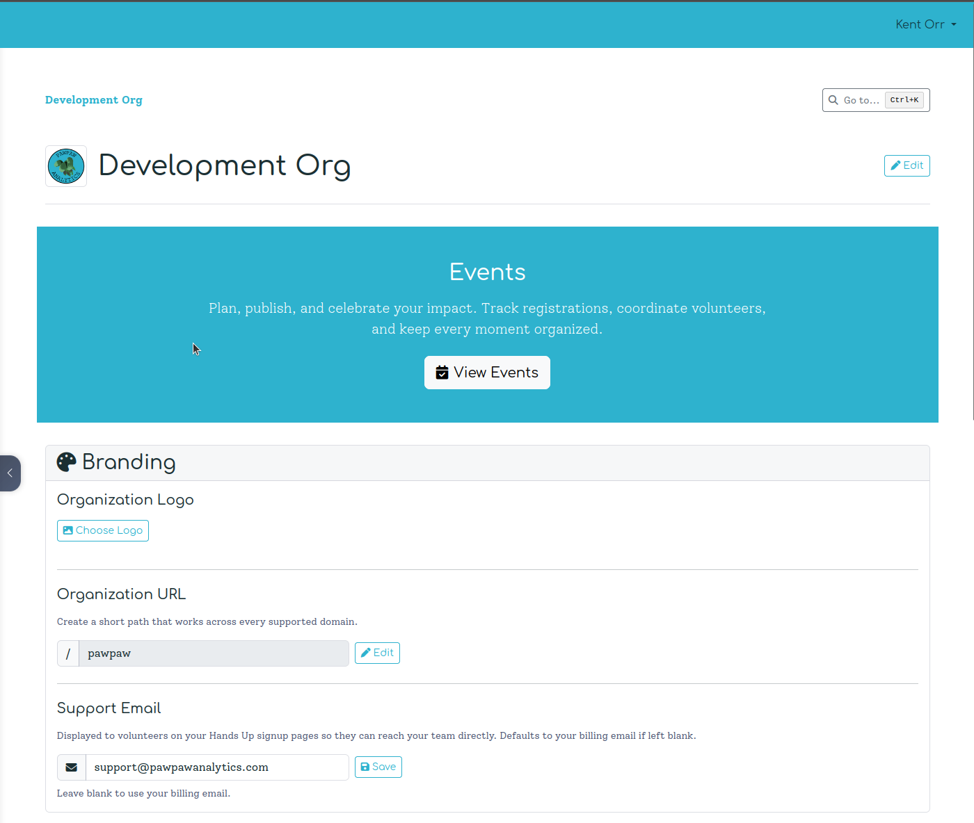 Organization detail page showing the header with logo, org name, Events hero banner, and Branding section below
